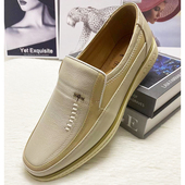 白鞋 牛皮浅色米黄色商务皮鞋 透气真皮休闲鞋 男士 米白色中老年男鞋