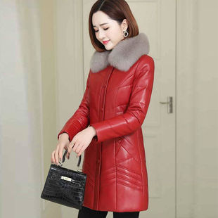 新款韩版pu皮棉衣皮衣女中长款加绒加厚仿毛领羽绒棉服妈妈装外套