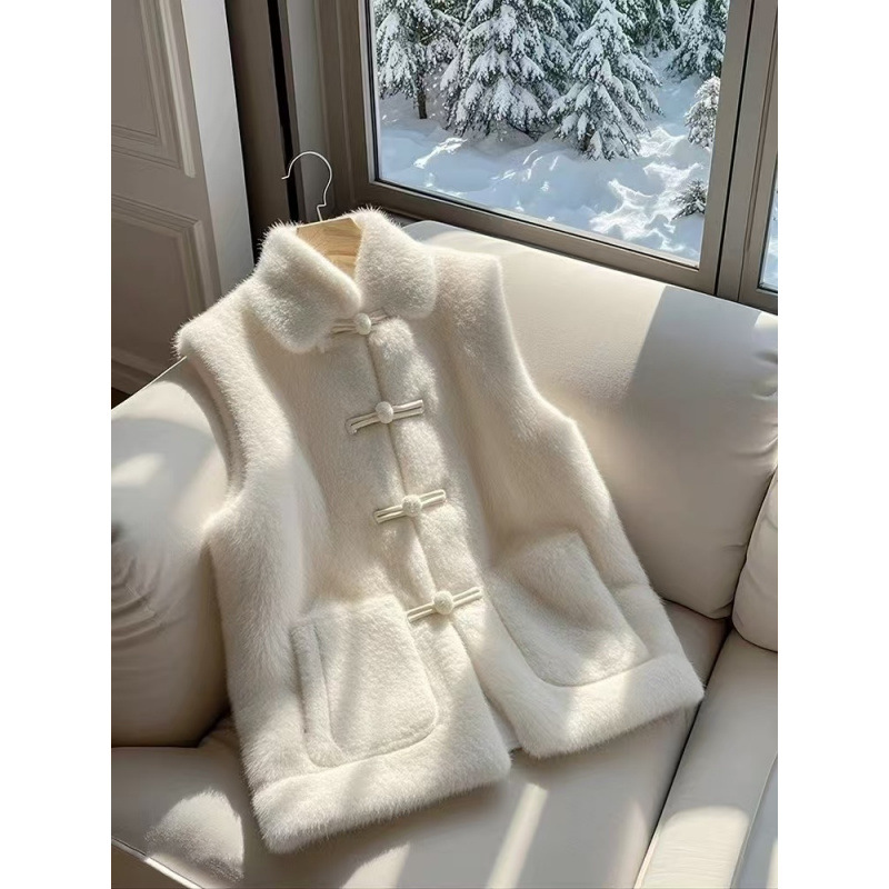 小个子新中式羊羔毛绒马甲外套女2024冬季新款加厚国风盘扣马甲女
