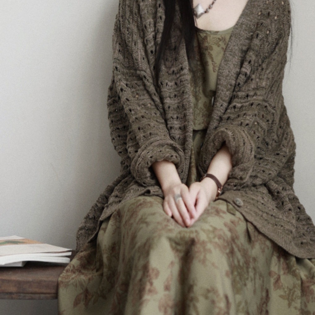 连衣裙套装女新中式国风复古印花吊带裙禅意清凉感针织开衫两件套