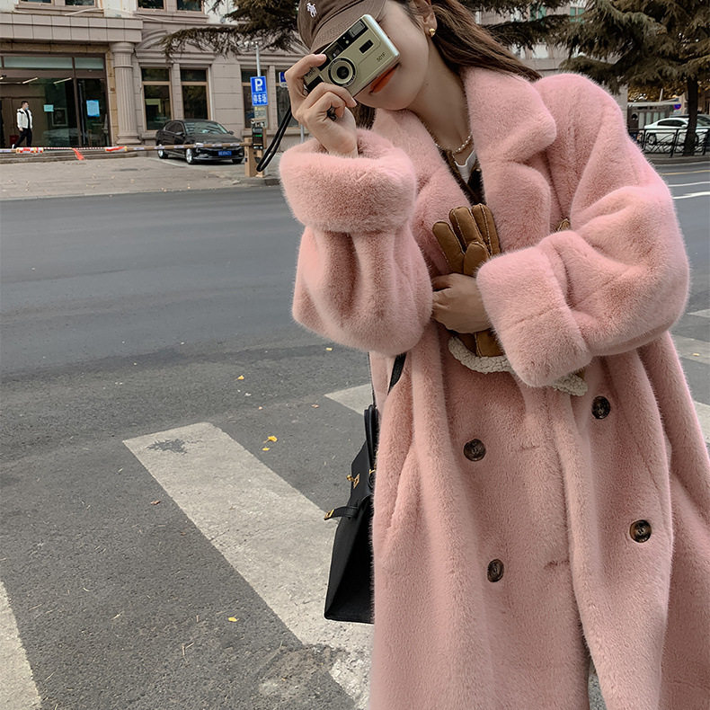 2025冬季慵懒风加棉加厚长款西服领仿水貂绒毛环保皮草大衣外套