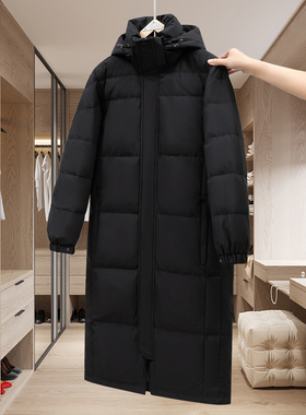 冬季新款羽绒服男女黑色长款长过膝加厚宽松中戏艺考情侣鹅绒外套