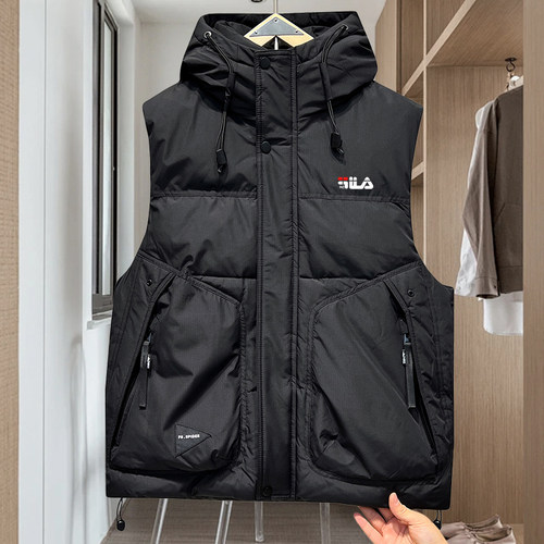 2025冬季斐家男士羽绒马甲连帽加厚潮白鸭绒马夹情侣保暖坎肩外套