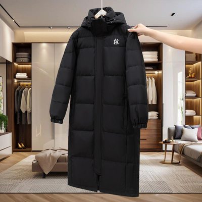 冬季新款羽绒服男女宽松中戏艺考情侣鹅绒外套黑色长款长过膝加厚