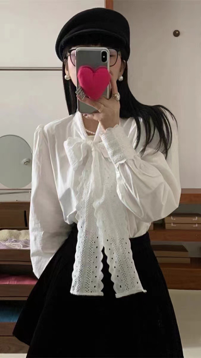 欧货QIAN GU2024早春法式别致宫廷风设计感小众长袖蝴蝶结衬衫女