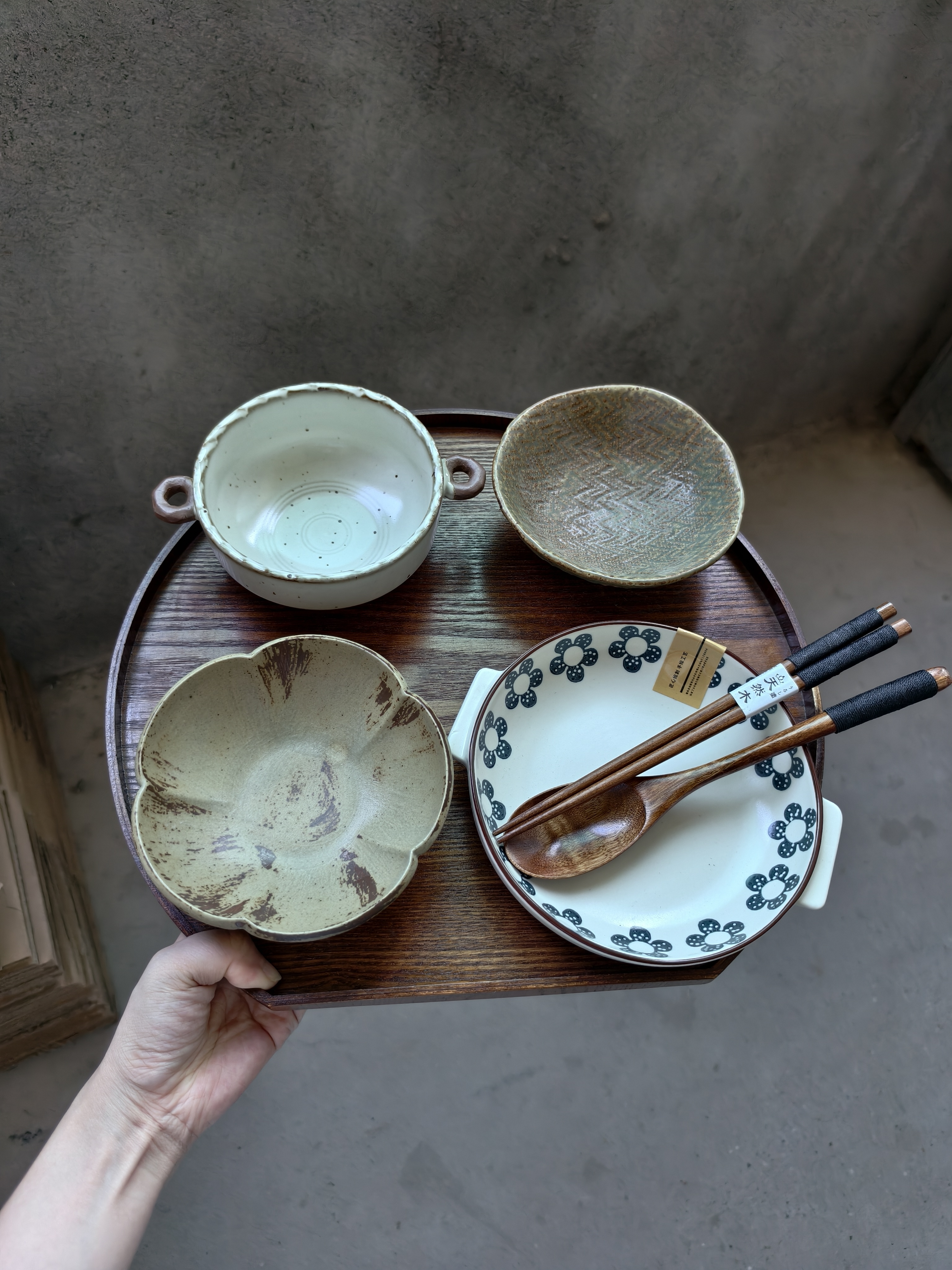 LLHOME一人食餐具景德镇粗陶碗盘 新款双耳碗搭配 民宿餐具早餐