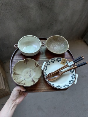 LLHOME一人食餐具景德镇粗陶碗盘 新款双耳碗搭配 民宿餐具早餐
