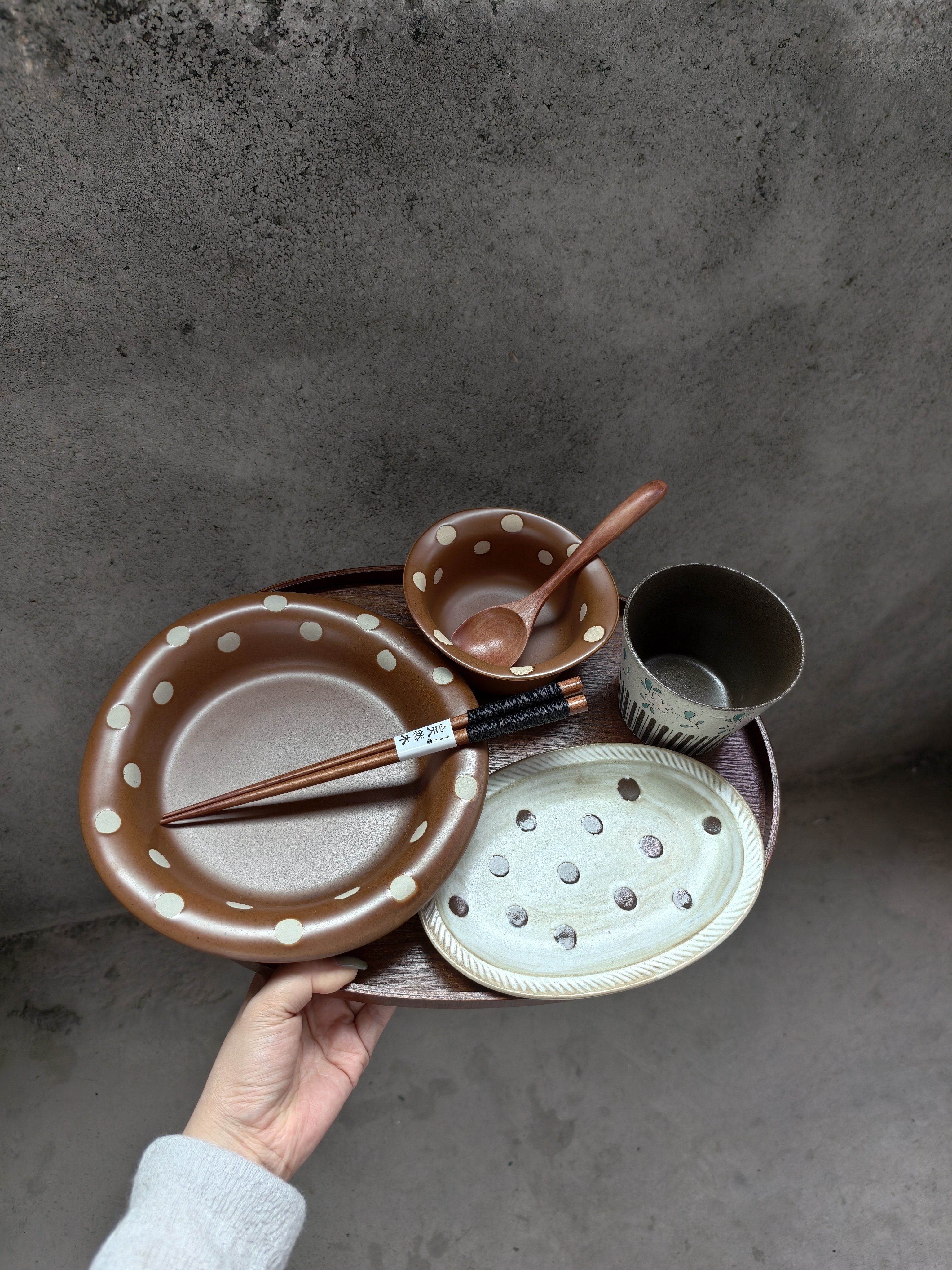 LLHOME 一人食波点套装早餐餐具手绘波点盘碗 有手作紫砂猪口杯