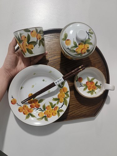 景德镇手绘枇杷餐具米饭碗菜盘深盘炖盅碟子杯子 一人食餐具套装