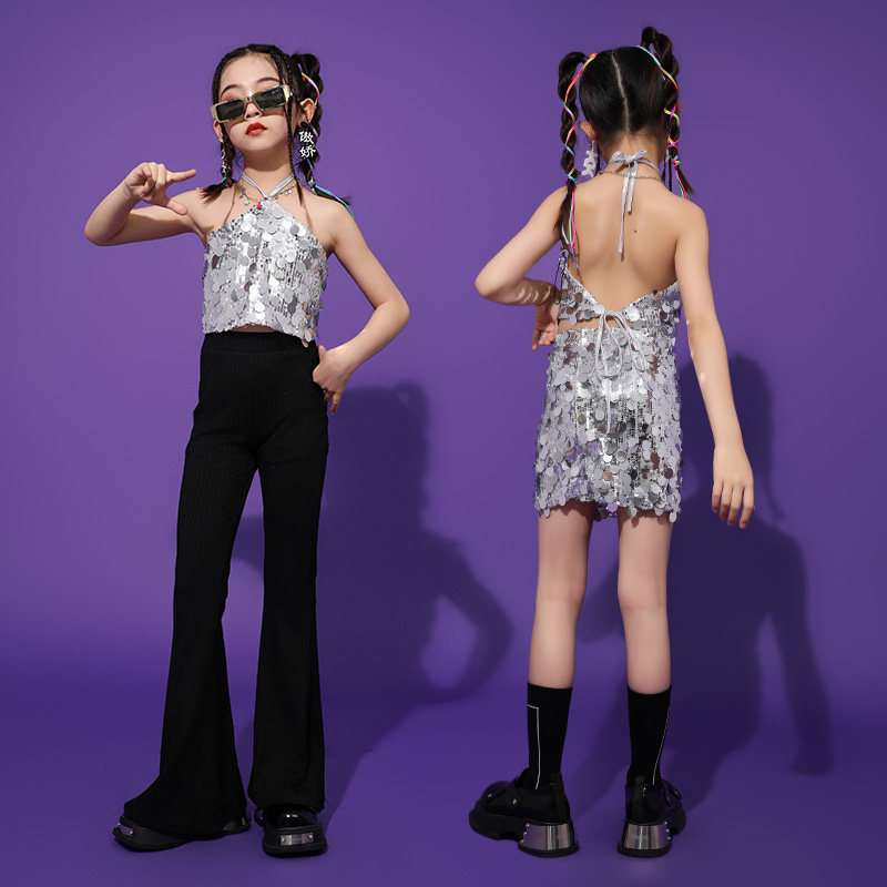 女童亮片爵台士演出服儿孩童t走秀时髦服装jur女潮酷时装舞少儿舞