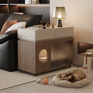 猫砂柜边几可移动喵星现代双层大容量带猫窝万向轮宠物用品猫厕所