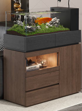 实木鱼缸底柜胡桃木色落地式家用客厅边几收纳柜茶水柜沙发侧边柜