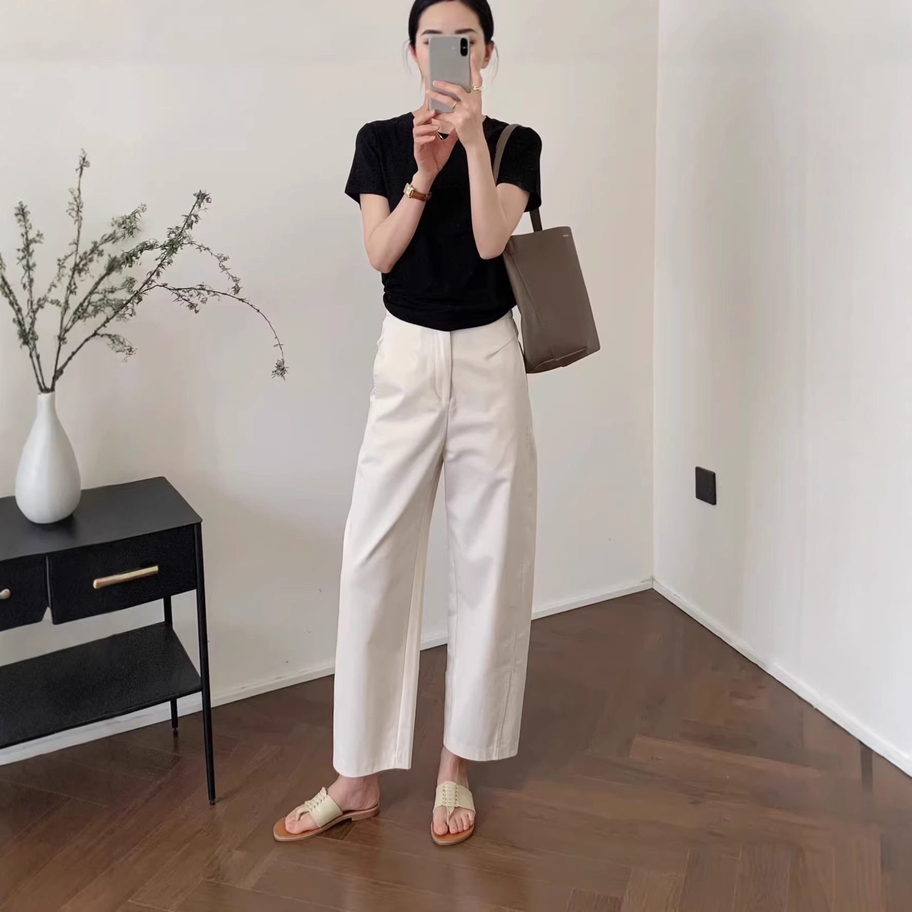 素予 高腰阔腿白色女士2026年春季春夏棉麻休闲西裤九分裤裤子女