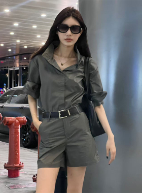 SUN YUYING孙钰颍 灰绿色短袖衬衫上衣两件套百搭休闲阔腿短裤女