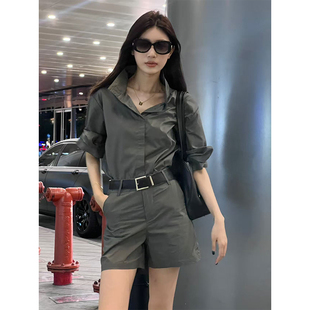 SUN YUYING孙钰颍 灰绿色短袖衬衫上衣两件套百搭休闲阔腿短裤女
