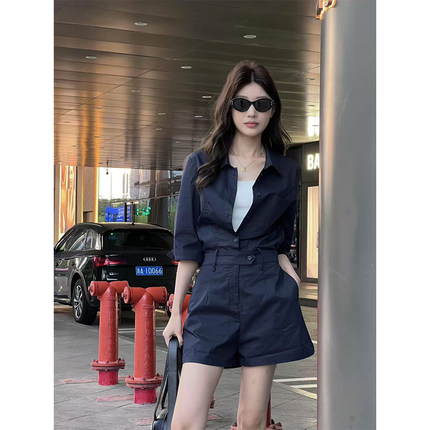 SUN YUYING孙钰颖 休闲百搭藏蓝色连衣裤女2025夏季收腰显瘦短裤