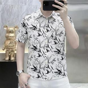 花衬衫男短袖丝光棉潮流痞帅亚麻桑蚕丝高级感大码中老年爸爸衬衣