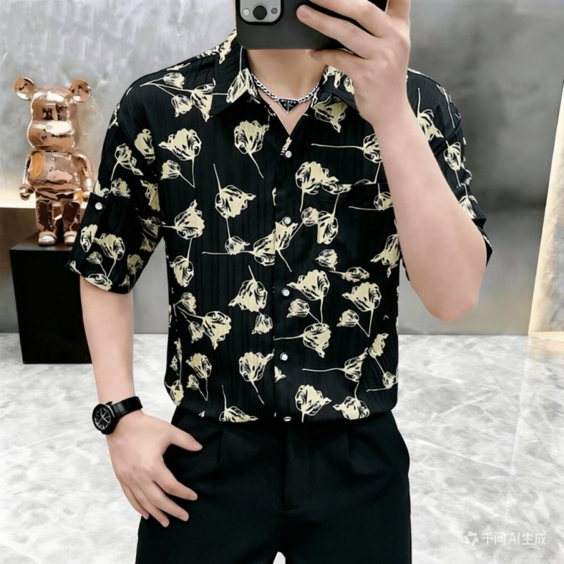 复古碎花短袖衬衫男士冰丝夏装韩版宽松痞帅半袖发型师潮牌花衬衣