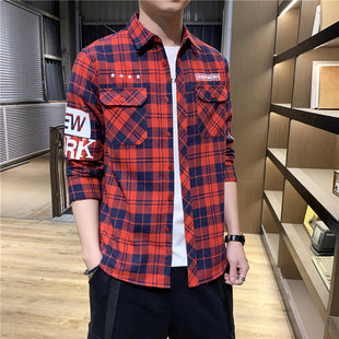 春秋季格子衬衫男士秋季青少年上衣薄款外套男款韩版潮流长袖衬衣