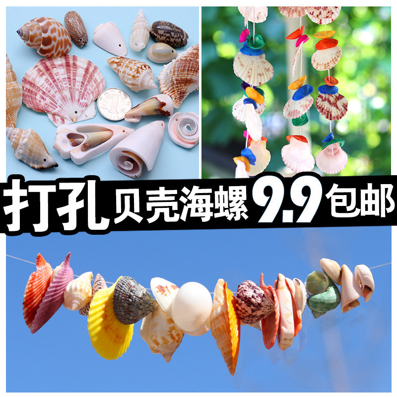 天然打孔海螺套餐创意手工风铃配饰有孔打孔贝壳海螺彩色diy材料