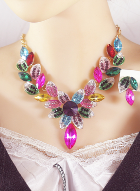 欧美复古七彩祥云树叶系夸张项链套装女奢华水晶玻璃饰品全套
