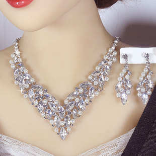 珍珠水钻V领项链耳环套装新娘婚礼饰品珠宝合金首饰巴洛克