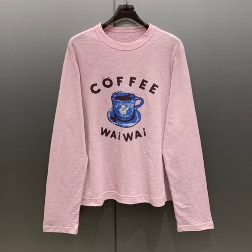 100%纯棉卡通油画咖啡COFFEE印花粉色长袖T恤女 T9010