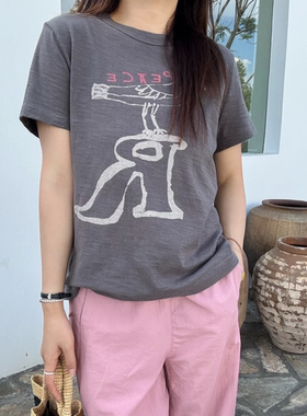 夏季新款日系小鸟和平鸽字母R印花圆领休闲短袖T恤女T8703