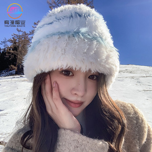 加厚毛绒绒针织帽子女秋冬防寒毛线帽保暖护耳显脸小大头围套头帽