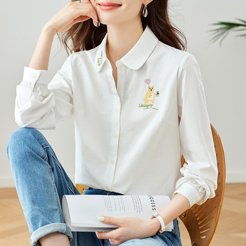 厂家直销翻领刺绣衬衫女2026早秋新款气质通勤韩版宽松纯棉上衣女