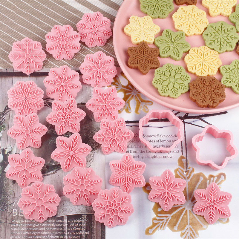 圣诞节雪花饼干模具3d立体糖霜曲奇翻糖塑料按压式家用烘焙压模