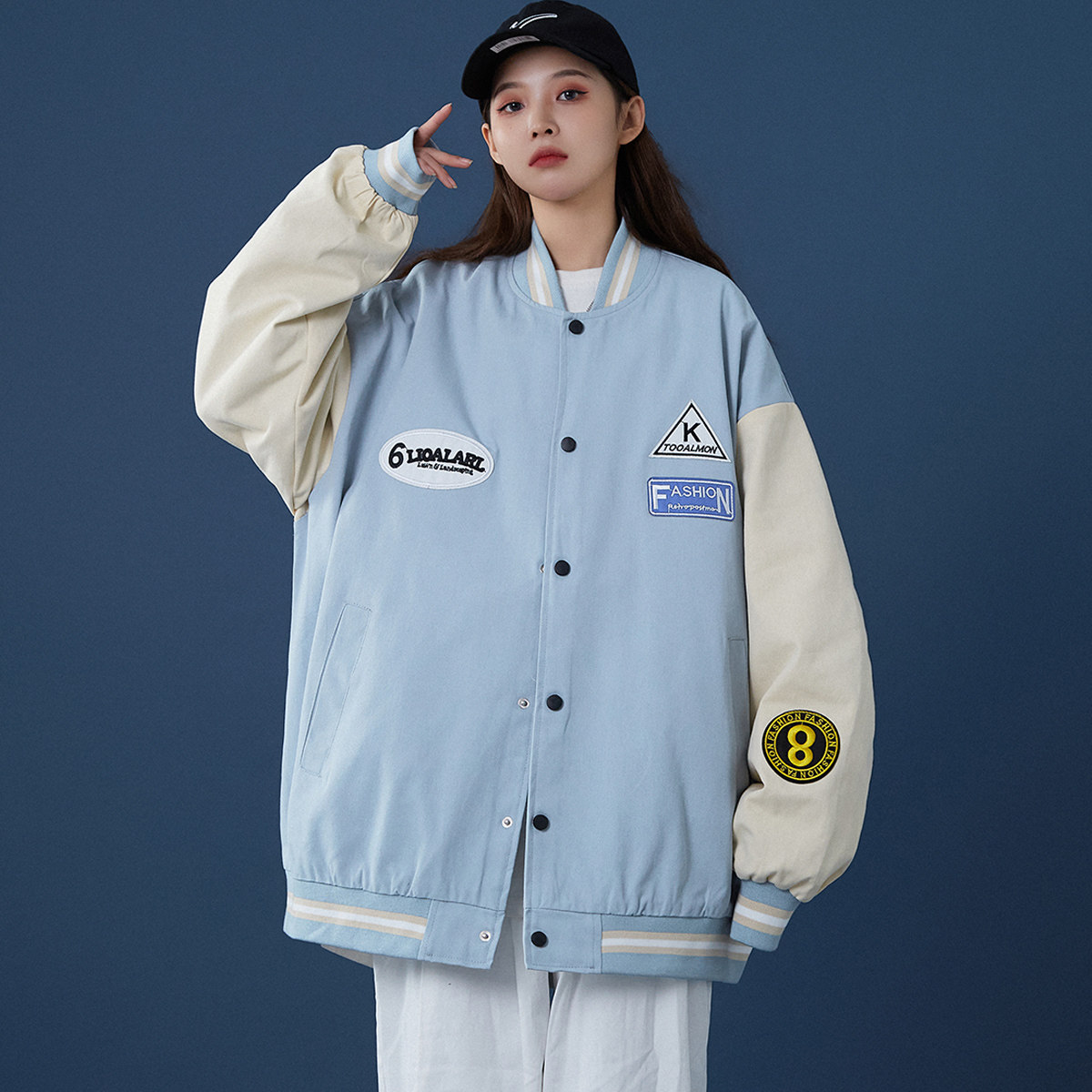 春季棒球服外套女胖mm200斤大码宽松oversize拼色学生夹克ins上衣