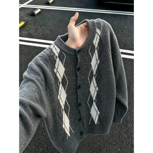 老钱风菱格纹针织开衫女秋新款