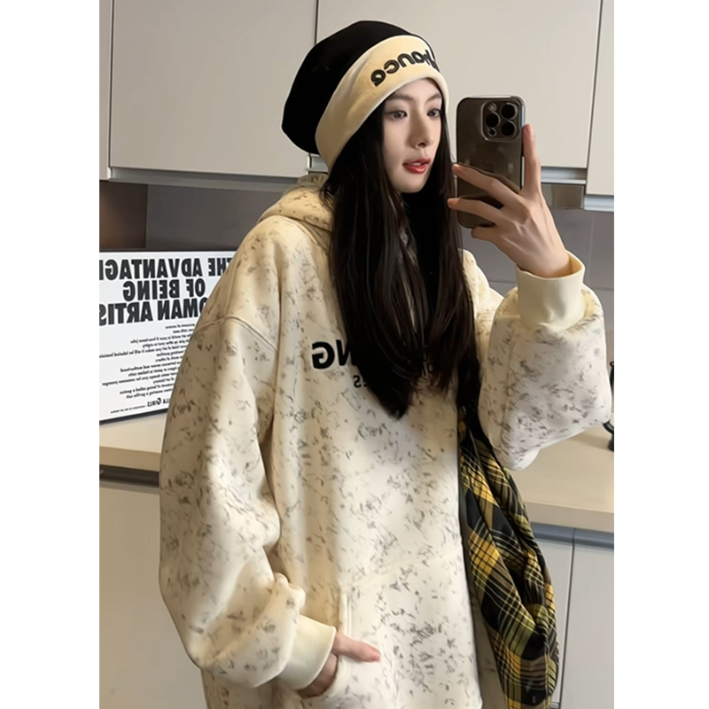 加绒加厚扎染连帽卫衣女胖mm大码刺绣学生甜美美式休闲打底衫上衣