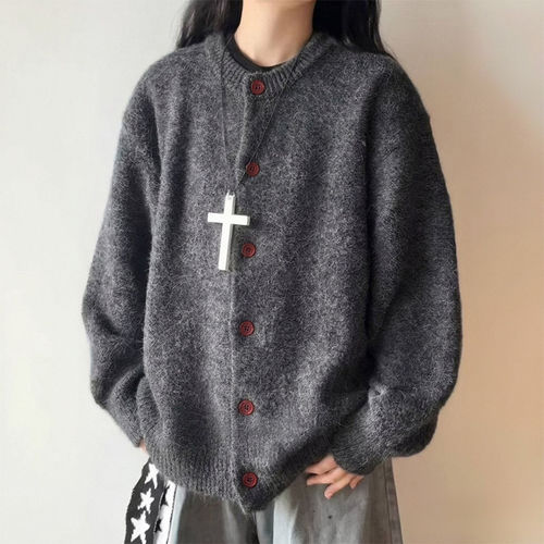 美式慵懒风灰色大码纽扣针织开衫