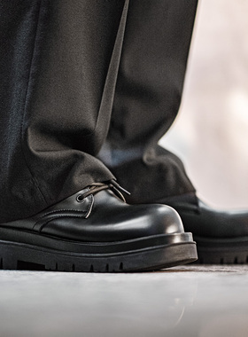 马登工装黑色低帮德比鞋英伦风马丁靴厚底工装鞋休闲圆头皮鞋子男