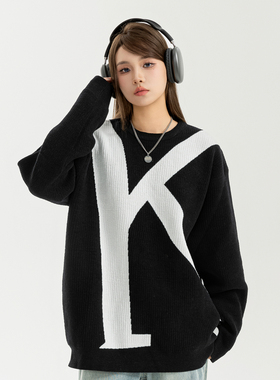 KEATMENT KEAT超细绒提花K字母潮牌宽松休闲针织毛衣圆领套头卫衣