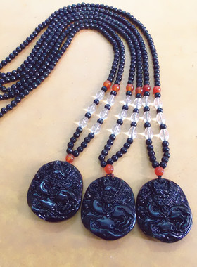 长款民族风黑曜石龙牌吊坠毛衣链