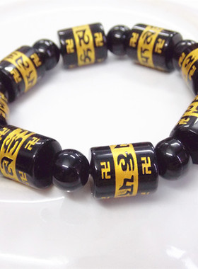 16X14mm大柱六字真言 经文黑曜石烫金铂手串 天然黑曜石桶珠手链