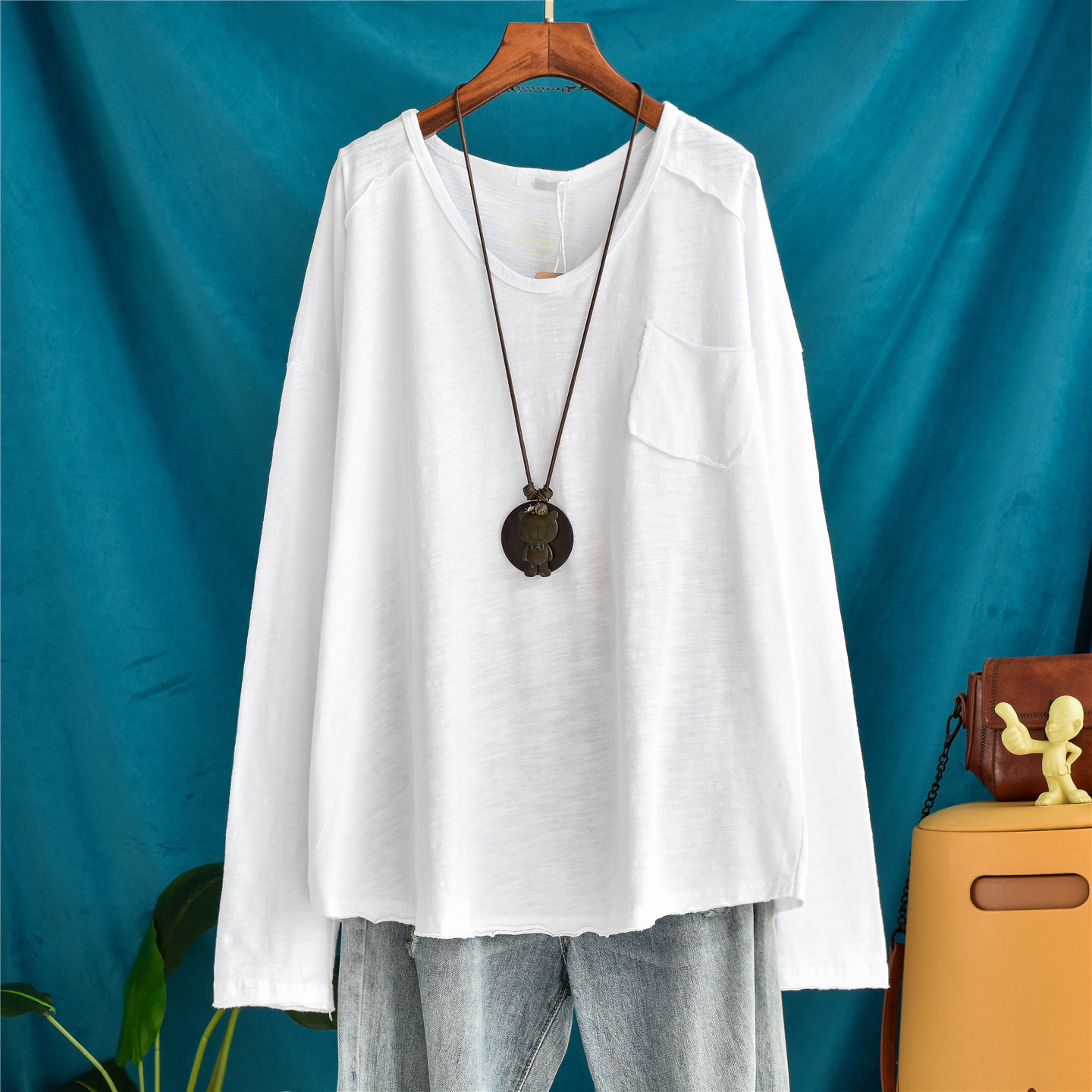 春装文艺休闲竹节棉拼接长袖T恤女宽松大码口袋鸡心领打底衫上衣