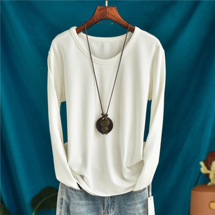 加绒加厚内搭U领休闲宽松纯色长袖T恤女士打底衫白色保暖秋冬上衣