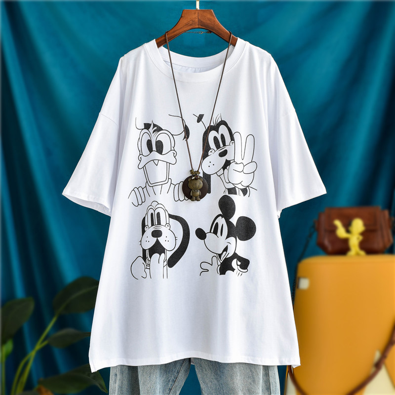 印花米奇中长款宽松大码短袖T恤女加肥加大微胖mm夏装遮屁股上衣