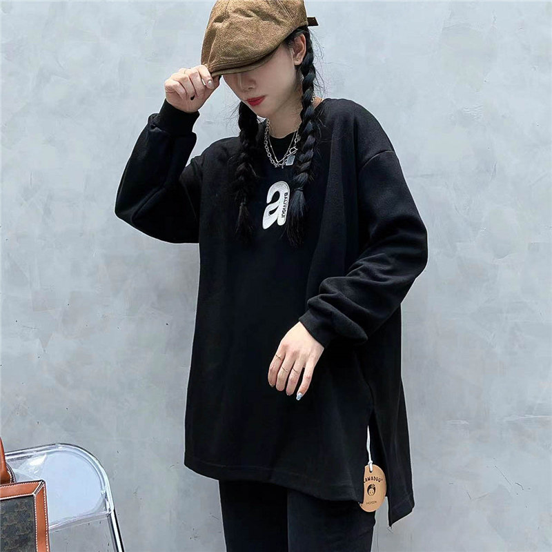 秋冬韩版宽松大码中长款a字母刺绣卫衣加厚加绒T恤女开叉打底衫潮