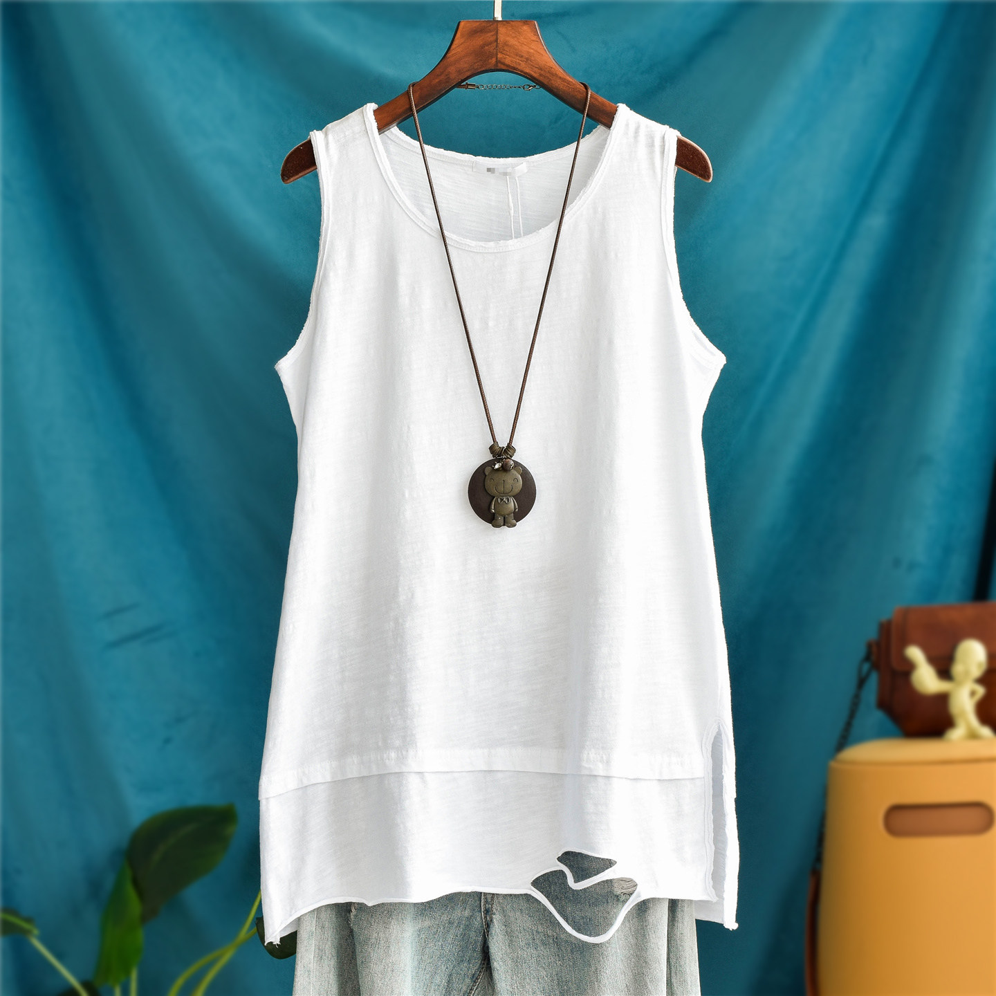 破洞竹节棉背心女内搭中长款春秋打底衫宽松大码吊带外穿无袖卫衣