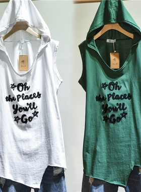 纯棉背心女外穿无袖t恤连帽宽松大码字母吊带内搭春夏t打底帽衫潮