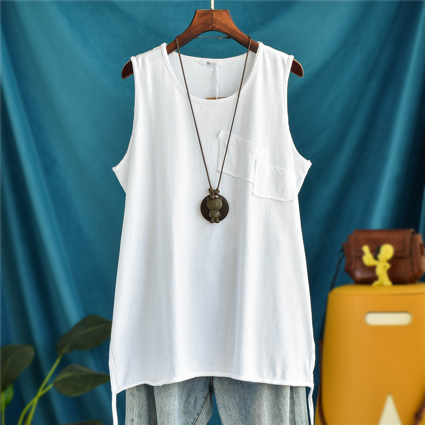 休闲纯棉开叉中长款背心女内搭宽松大码外叠穿打底衫无袖吊带上衣