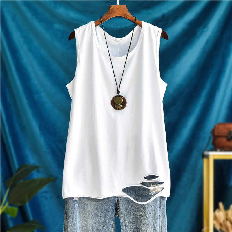 夏装宽松运动休闲无袖t恤纯棉内搭破洞吊带背心女外穿坎肩打底衫