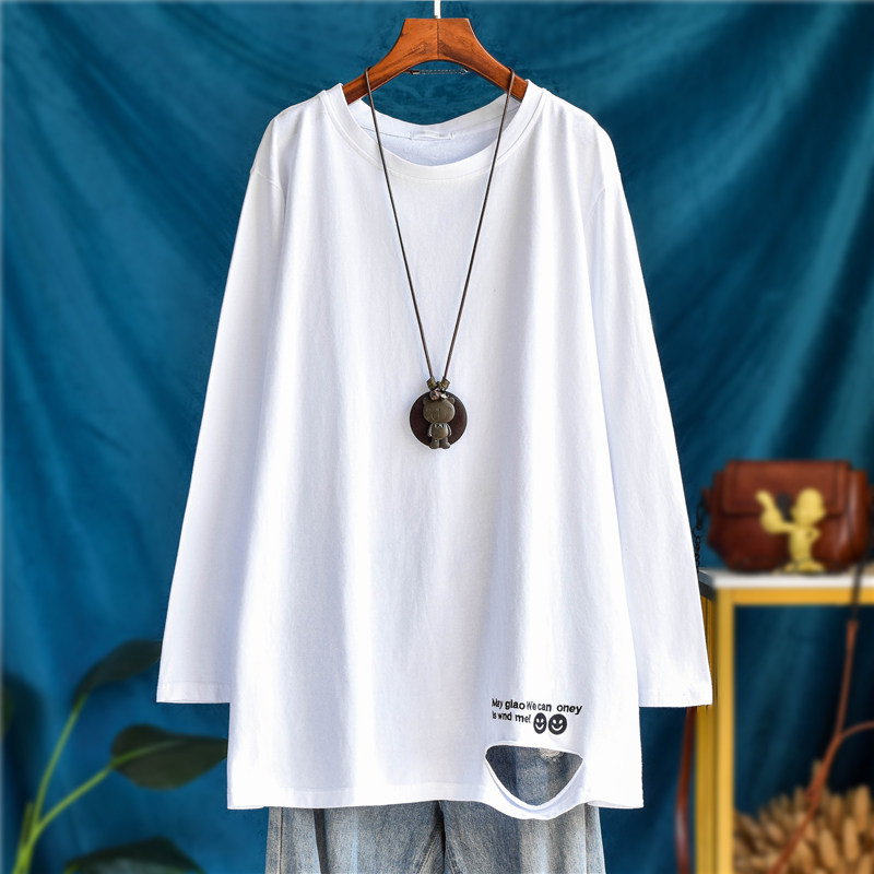 韩版中长款遮屁股刺绣下摆破洞纯棉白色长袖T恤女内搭打底衫上衣