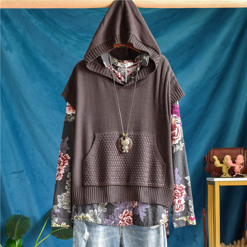 文艺复古连帽针织纯棉短款马甲背心女外穿宽松坎肩春秋内搭马夹潮