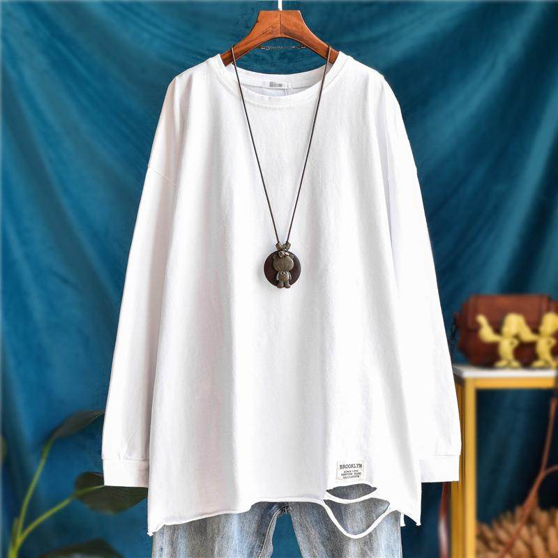 复古加厚纯棉中长款大白长袖T恤女宽松上衣破洞内搭秋冬打底衫潮